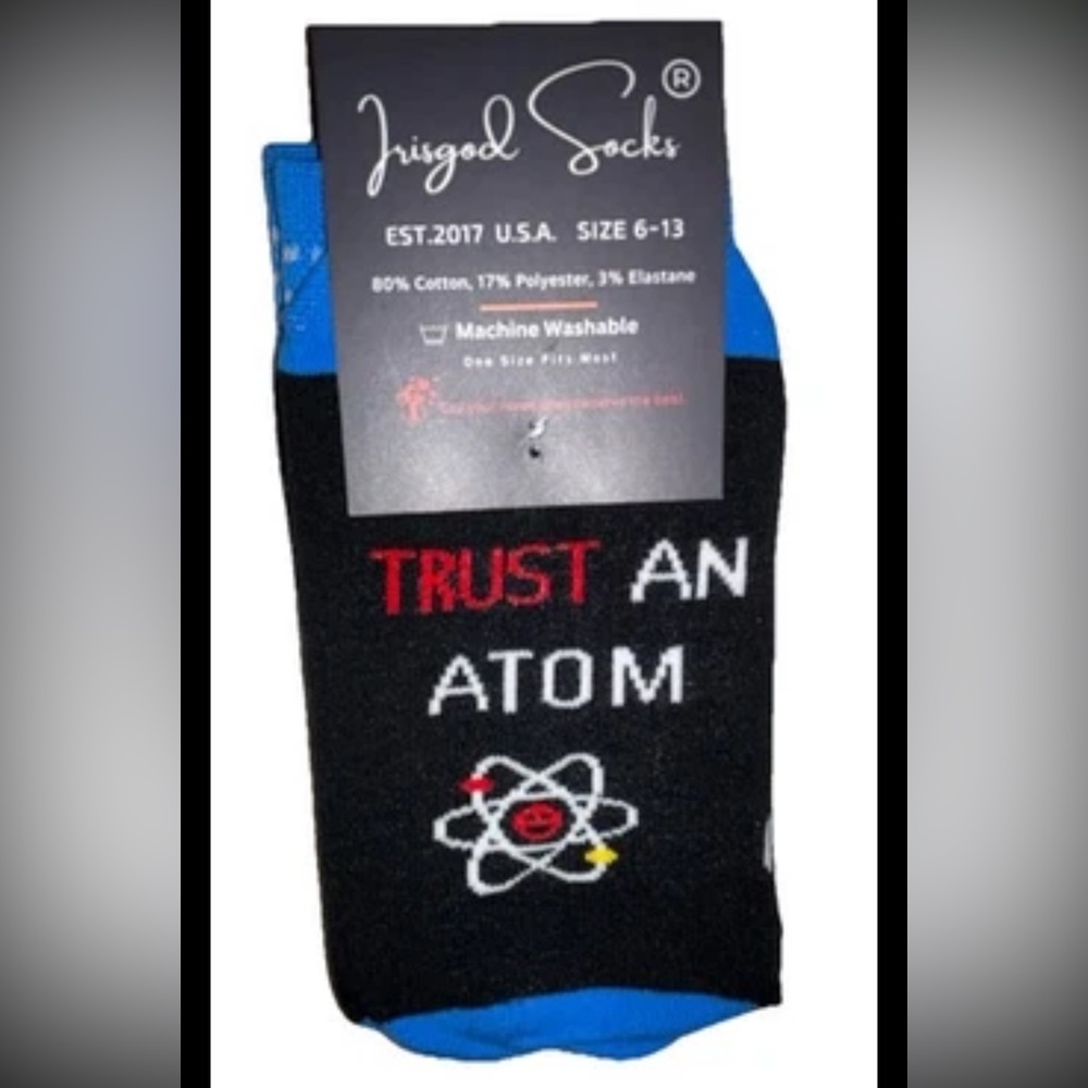 Irisgod Crew Socks 1 Pair Men 6-13 Black Blue Never Trust An Atom Science NEW!